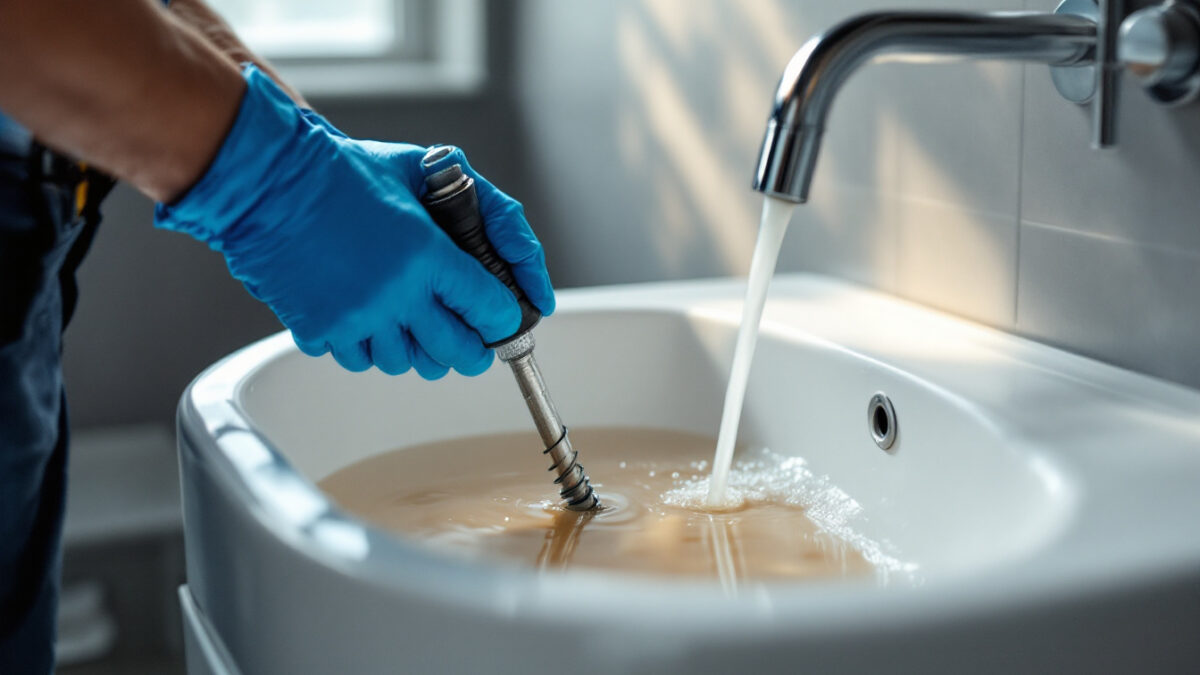 Waschbecken mit stehendem Wasser, daneben die Hand eines Handwerkers mit Rohrreinigungsspirale