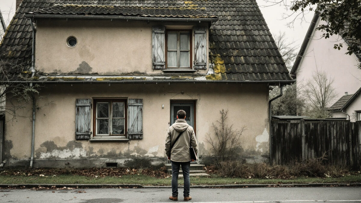 Kaufinteressent mit Unterlagen vor einem sanierungsbedürftigen Bestandshaus mit Feuchteschäden am Sockel