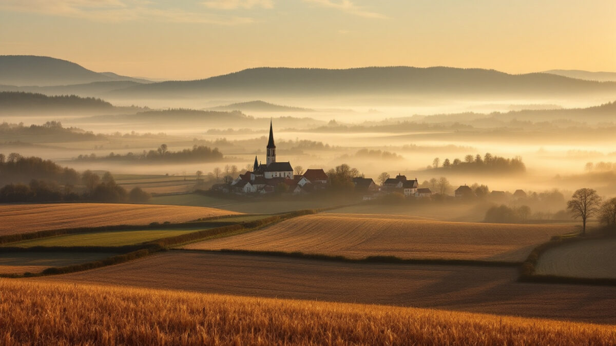 Weite Landschaft in Niederbayern mit Feldern, einem Dorf und den Hügeln des Bayerischen Waldes