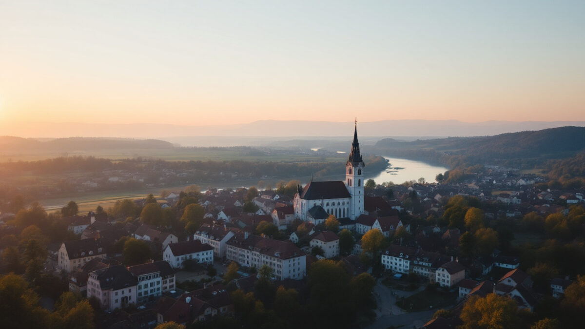 Luftaufnahme einer niederbayerischen Kleinstadt mit Kirchturm und umgebenden Feldern